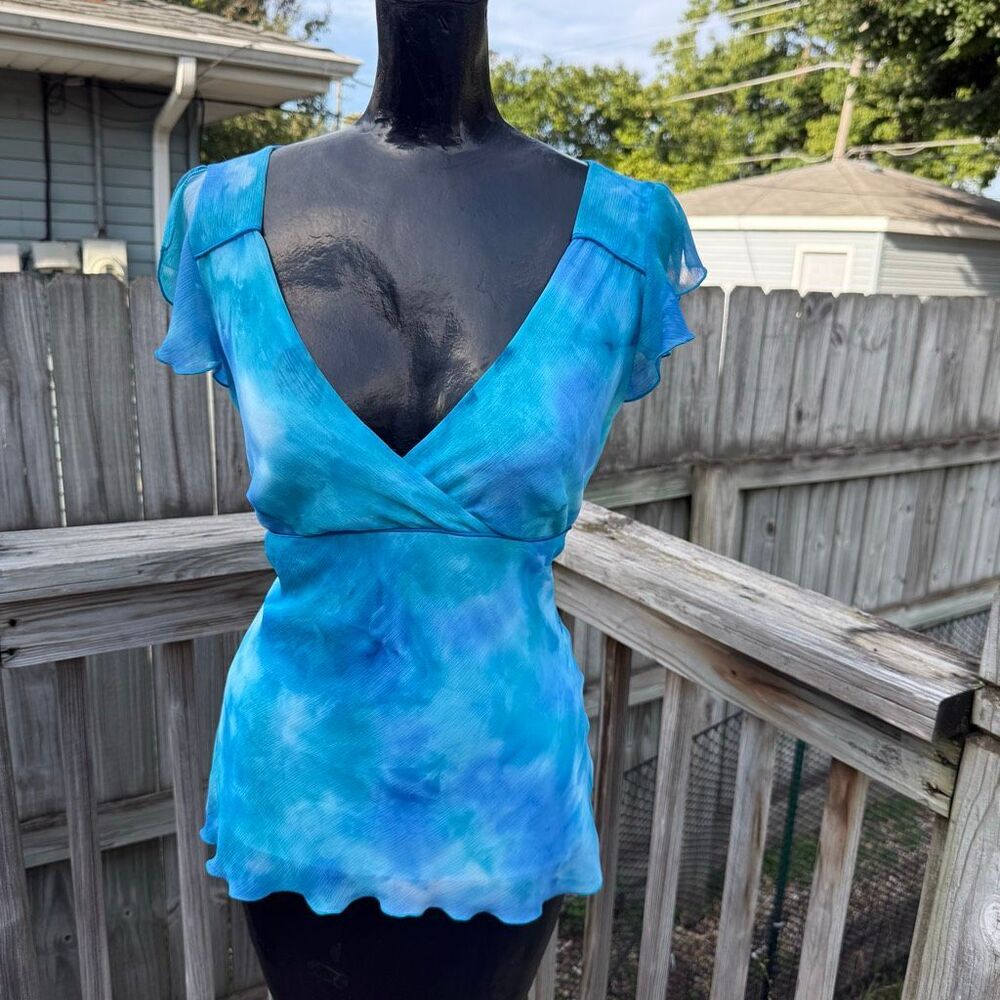 Y2K Dressbarn Blue Tie Dye Flutter Sleeve Wrap Top Size Small